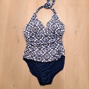 LRL Navy Blue White Geometric Floral Halter Cute One Piece Swimsuit Size XL